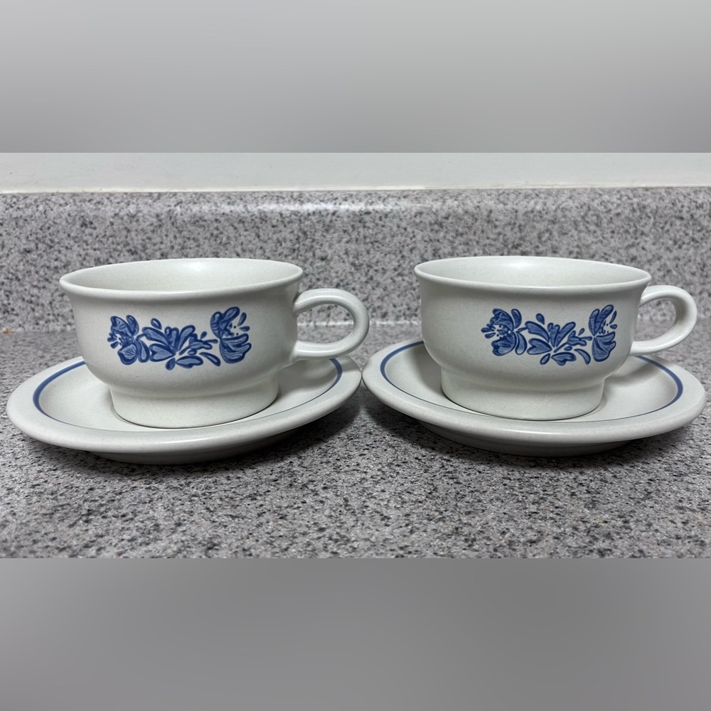 Pfaltzgraff Yorktowne Pattern Blue and White Ceramic Mugs & Saucers - Picture 1 of 16